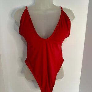 NWOT Women's Sexy V Neck One Piece Thong Swimsuit High Cut Red, SZ Large